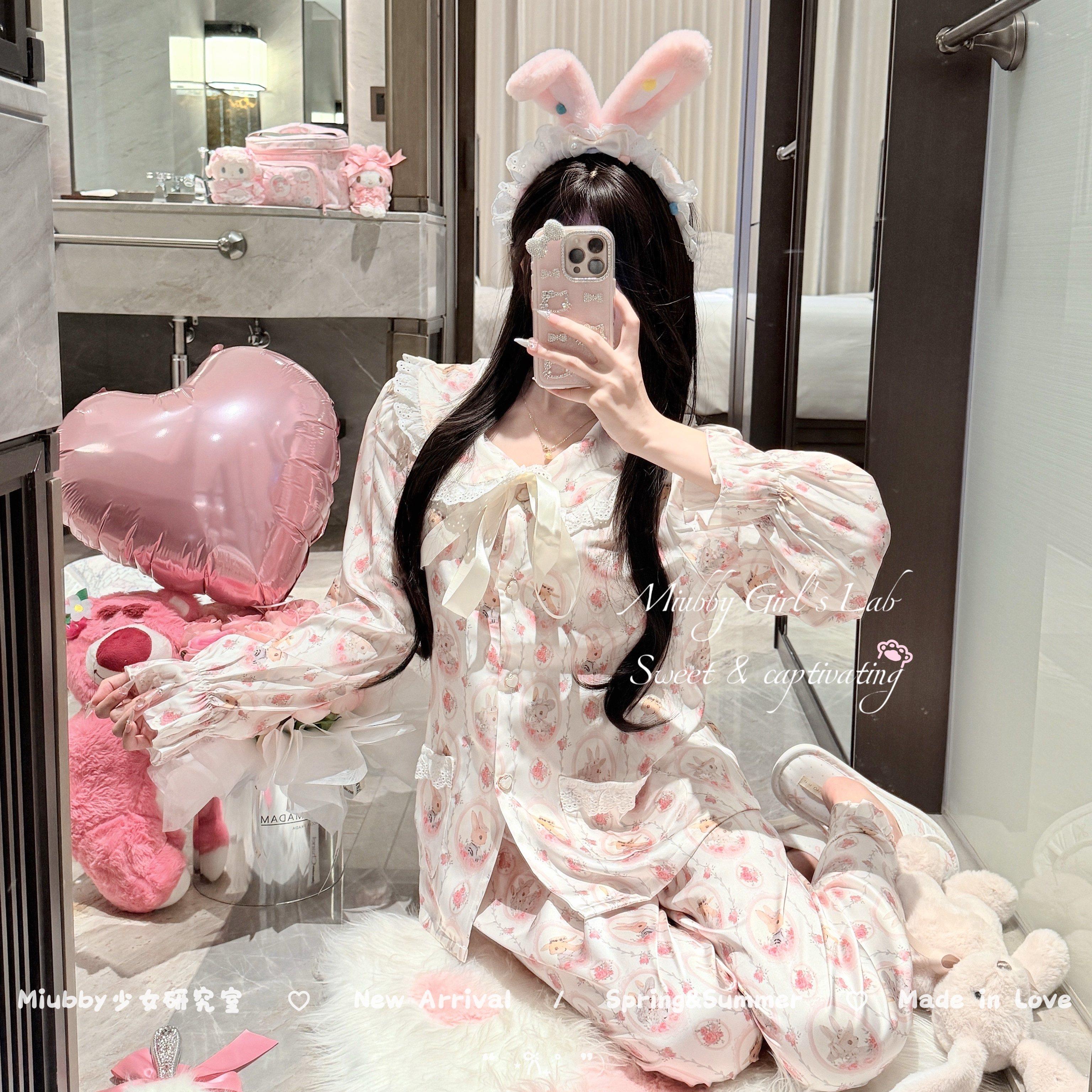 Miubby「兔兔梦眠曲」春夏少女印花蕾丝娃娃领冰丝家居服睡衣裤套