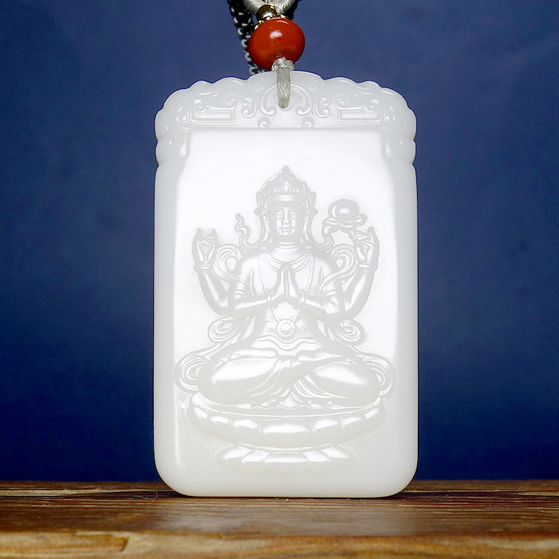 W普渡众生保真新疆和田玉白玉细料苏工巧雕四臂观音挂件57.69g