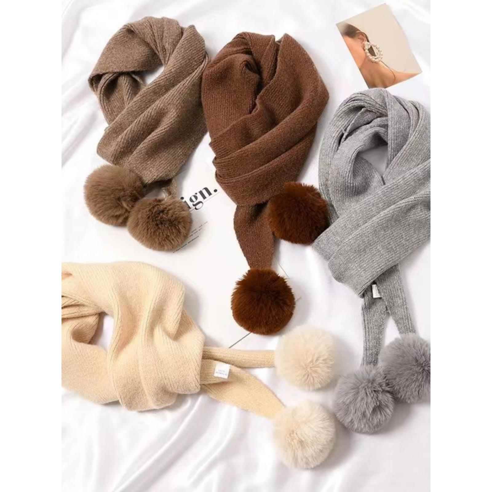 日系温柔纯色毛球针织毛线围巾女冬可爱百搭减龄球球围脖长1026u