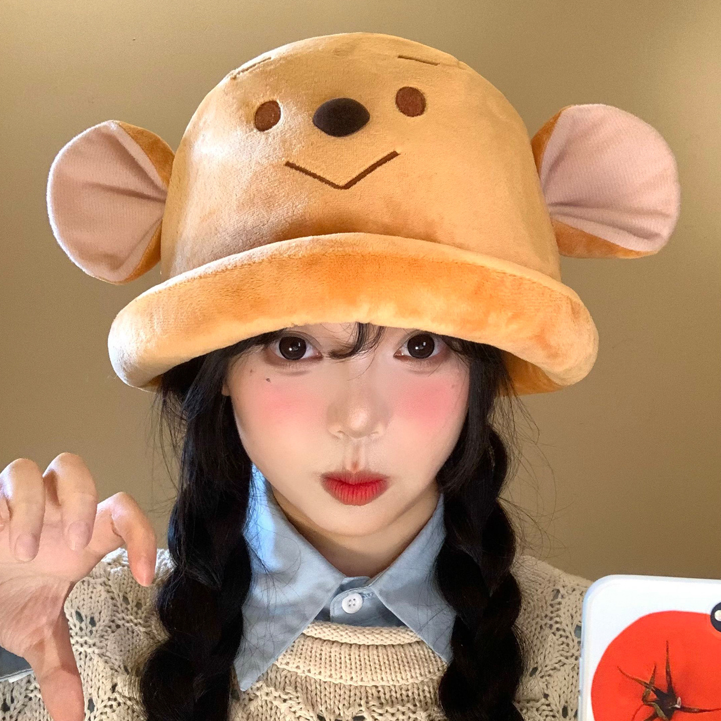 卡通黄色小熊耳朵毛绒帽子女秋冬保暖显脸小包头帽搞怪雷锋帽