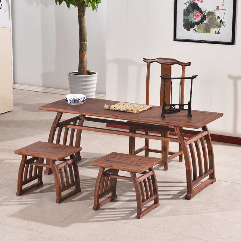 国学桌实木仿古马鞍桌幼儿园培训班双人学生课桌椅复古书法书画桌