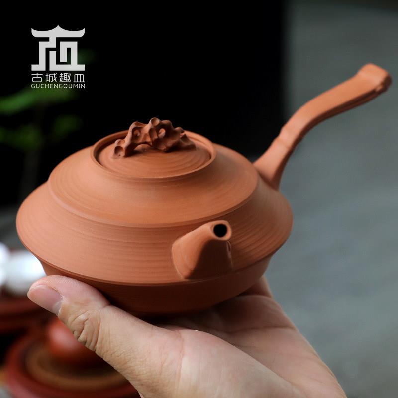 林于凯红泥薄胎手拉砂铫曲泉侧把玉书煨跳盖炭电陶炉烧水煮茶陶壶