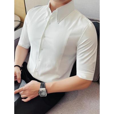 高端法式大尖领七分袖衬衫男夏季薄款韩版修身商务正装休闲衬衣潮