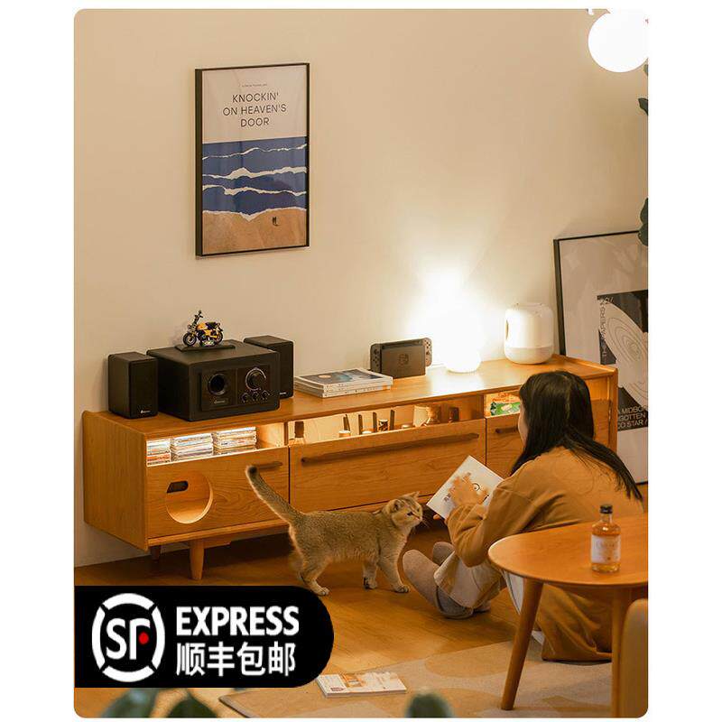 北欧实木电视柜家用客厅小户型带灯收纳视听柜公寓带猫窝储物柜