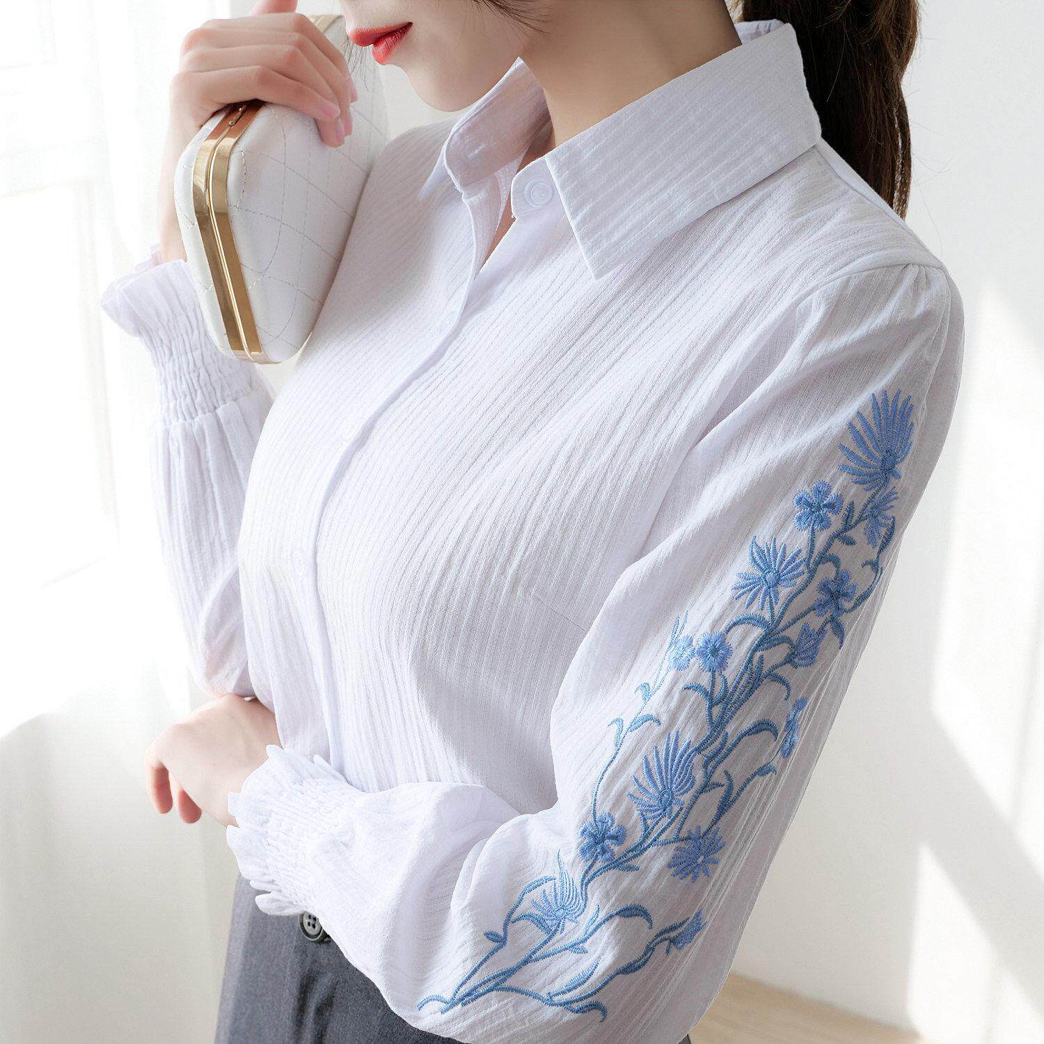 衬衫女2026春秋新款设计感小众长袖纯棉百搭绣花女士白色衬衣上衣