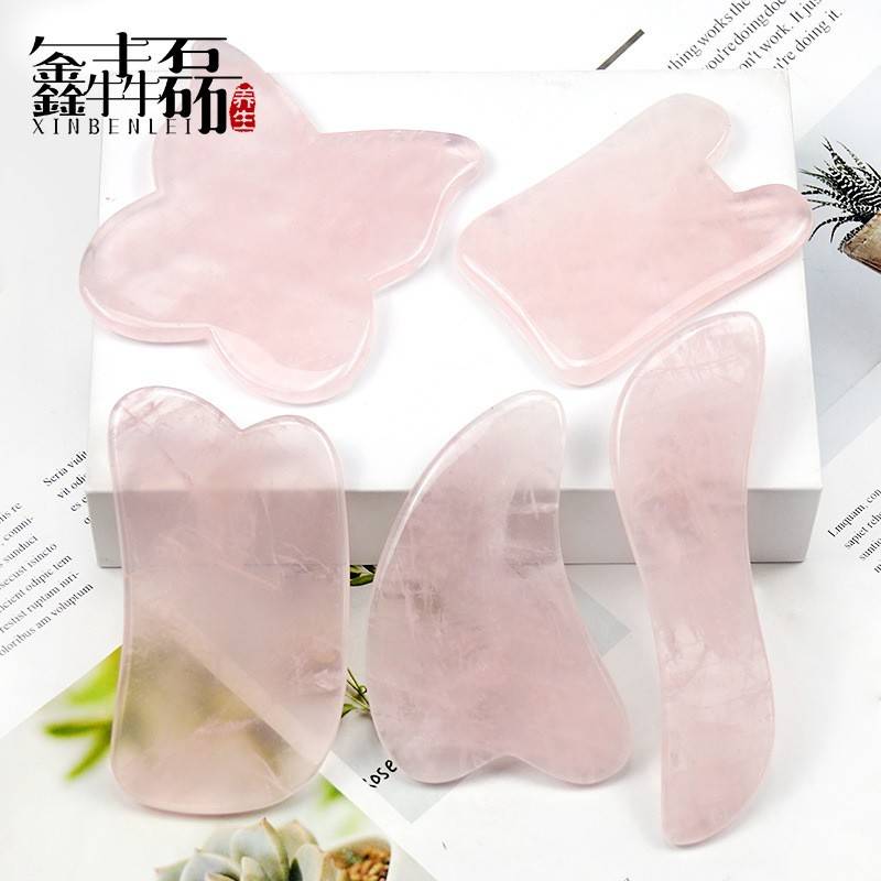 粉水晶刮痧板 粉晶滚轮面部脸部刮痧片 拨筋按摩板芙蓉石心型玉石