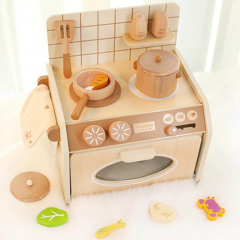 ins韩系儿童迷你仿真小厨房木制灶台过家家锅铲切切乐做饭女孩