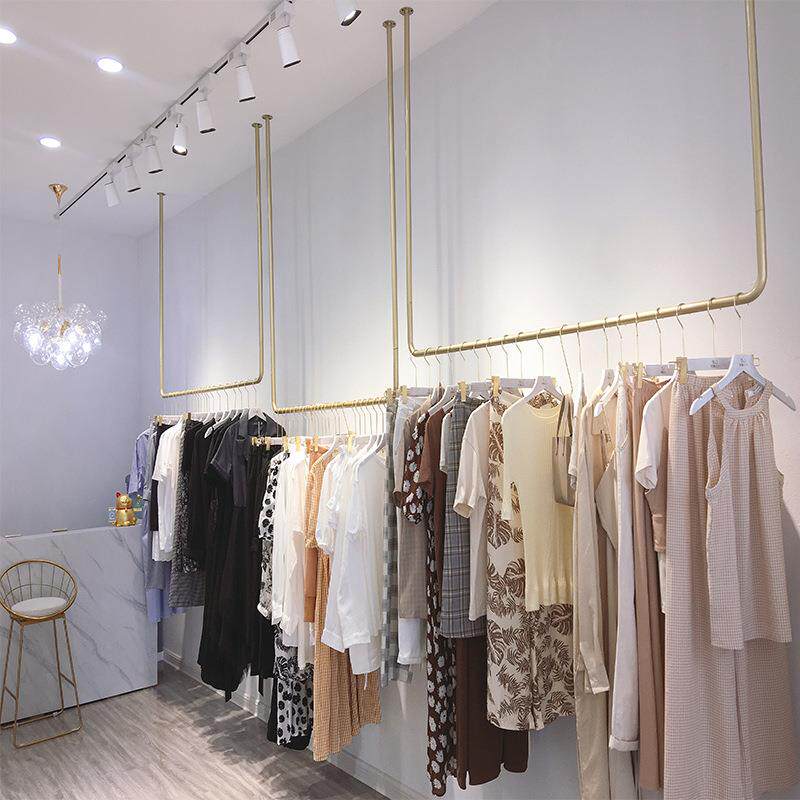 服装店展示架金色铁艺侧挂货架上墙吊顶陈列架U悬挂衣架女装吊架