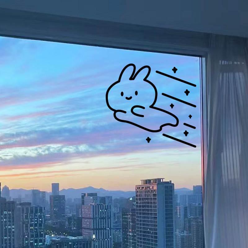 飞起来的小兔玻璃贴纸 客厅落地窗台飘窗墙面装饰简笔画镂空墙贴