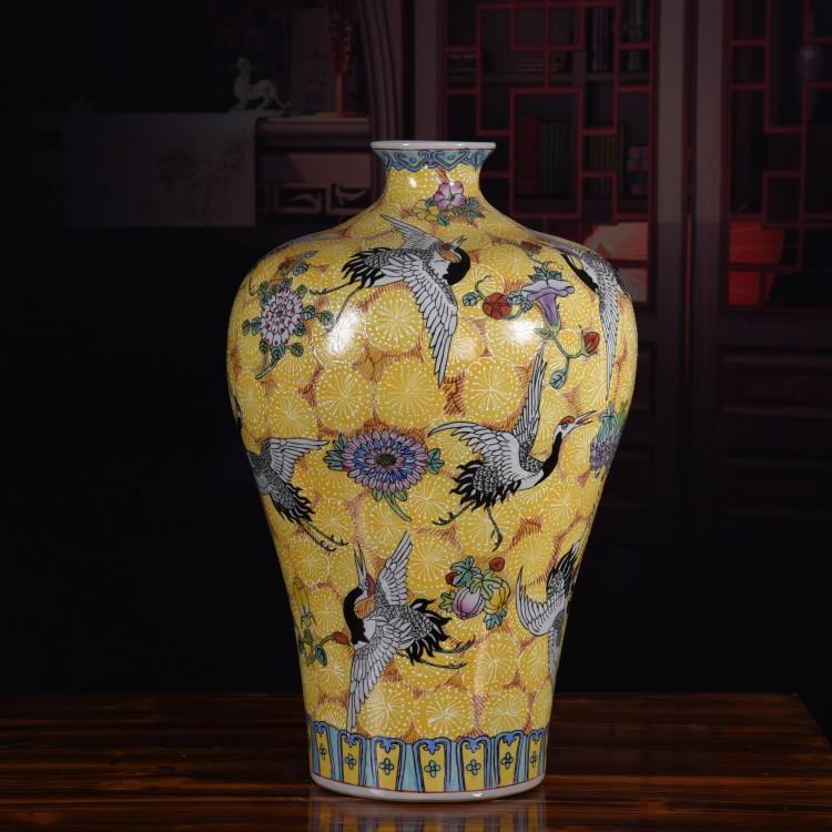 仿古手绘粉彩绿色仙鹤大号赏瓶中式复古落地大花瓶玄关装饰品摆设