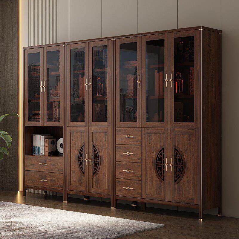 实木书柜带柜门一体整墙新中式书橱玻璃门书房储物收纳置物展示柜