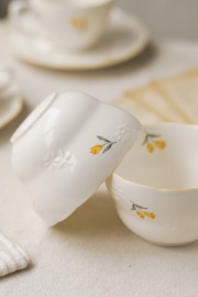 中古浮雕釉下彩骨瓷饭碗法国Renoma 复古可爱小花甜品碗手绘