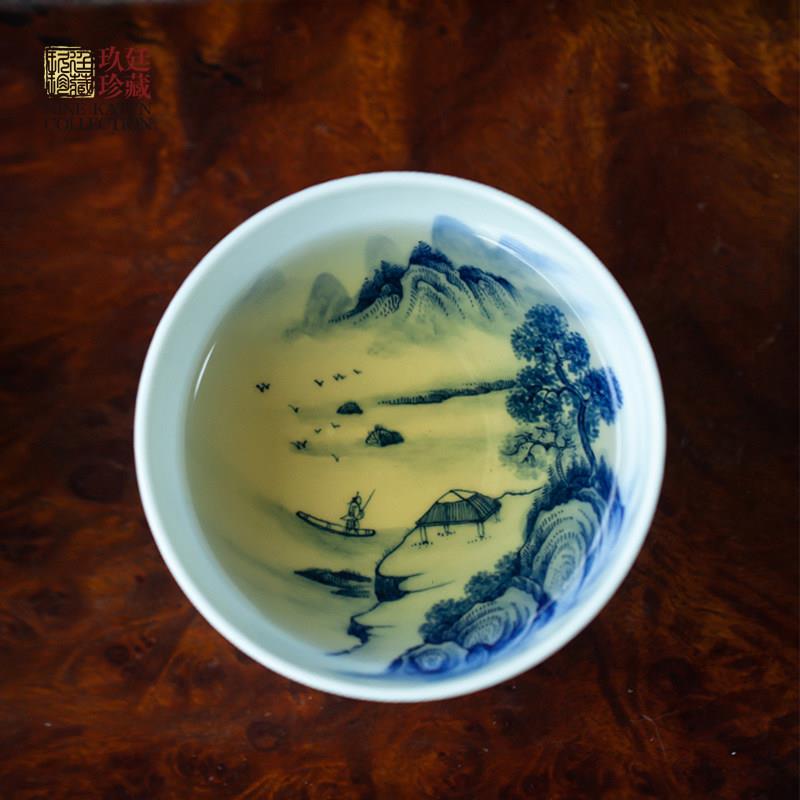 玖廷青花山水主人杯手工仿古单杯景德镇茶杯高端手绘陶瓷茶具茶碗