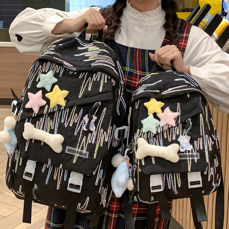 儿童书包女生小学生初中生条纹背包高中大学生2024新款时尚双肩包