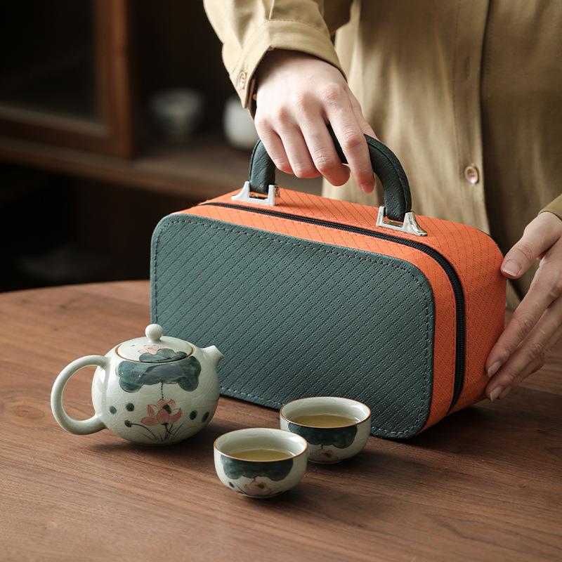 手绘哥窑旅行茶具高档一壶两杯小套装便携式户外功夫泡茶壶喝茶杯