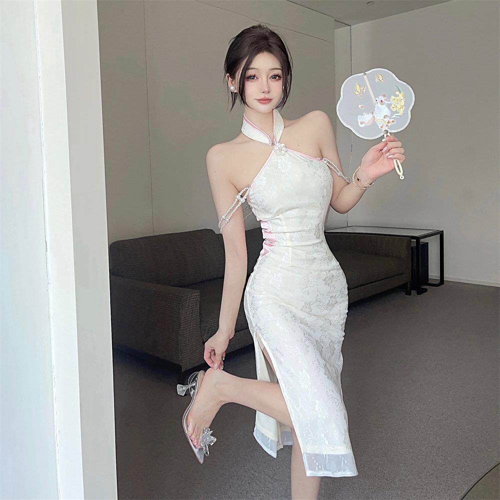 新中式国风清冷感改良旗袍挂脖连衣裙女夏季气质风情万种包臀长裙