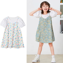 出口日本夏季女童梭织，纯棉短袖连衣裙女童碎花，假两件儿童背带裙
