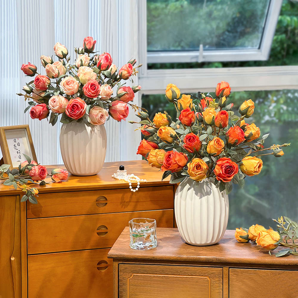 精品高档玫瑰花绢花假花仿真花束摆设客厅室内装饰花卉套装花艺摆