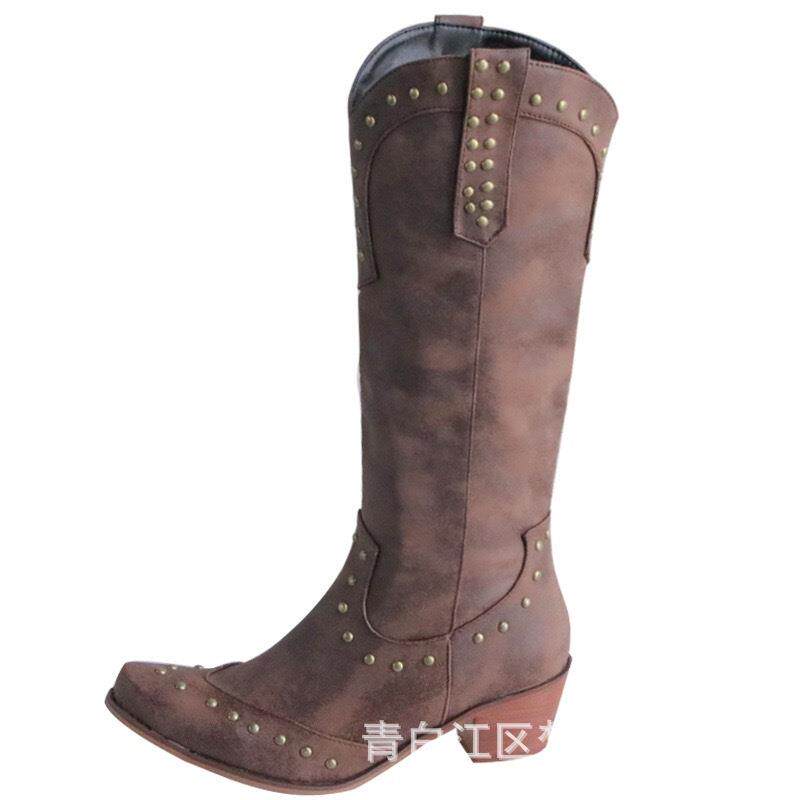 欧美外贸跨境铆钉方头粗跟高筒靴女士长靴西部牛仔靴休闲百搭