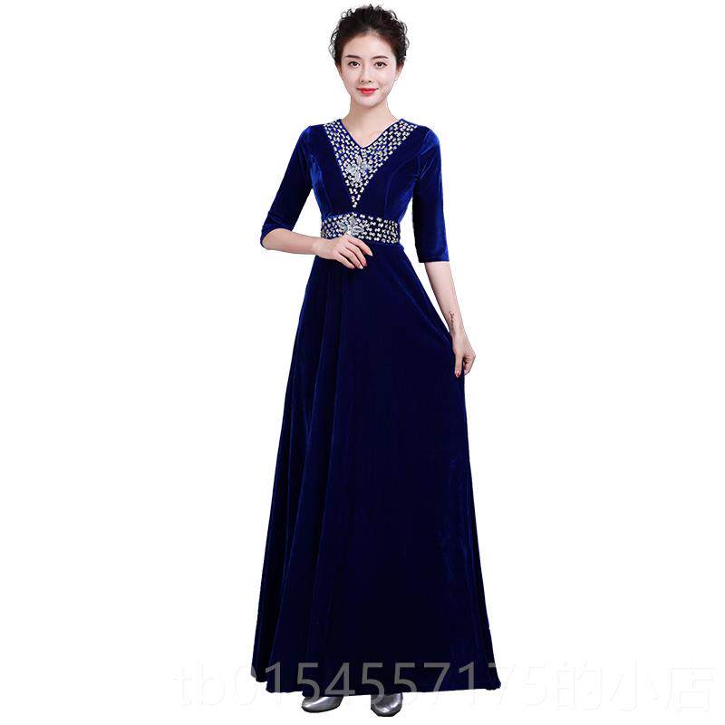 正品金丝绒大合唱演出服女长成中老年合唱团裙舞连衣裙宴会晚礼人