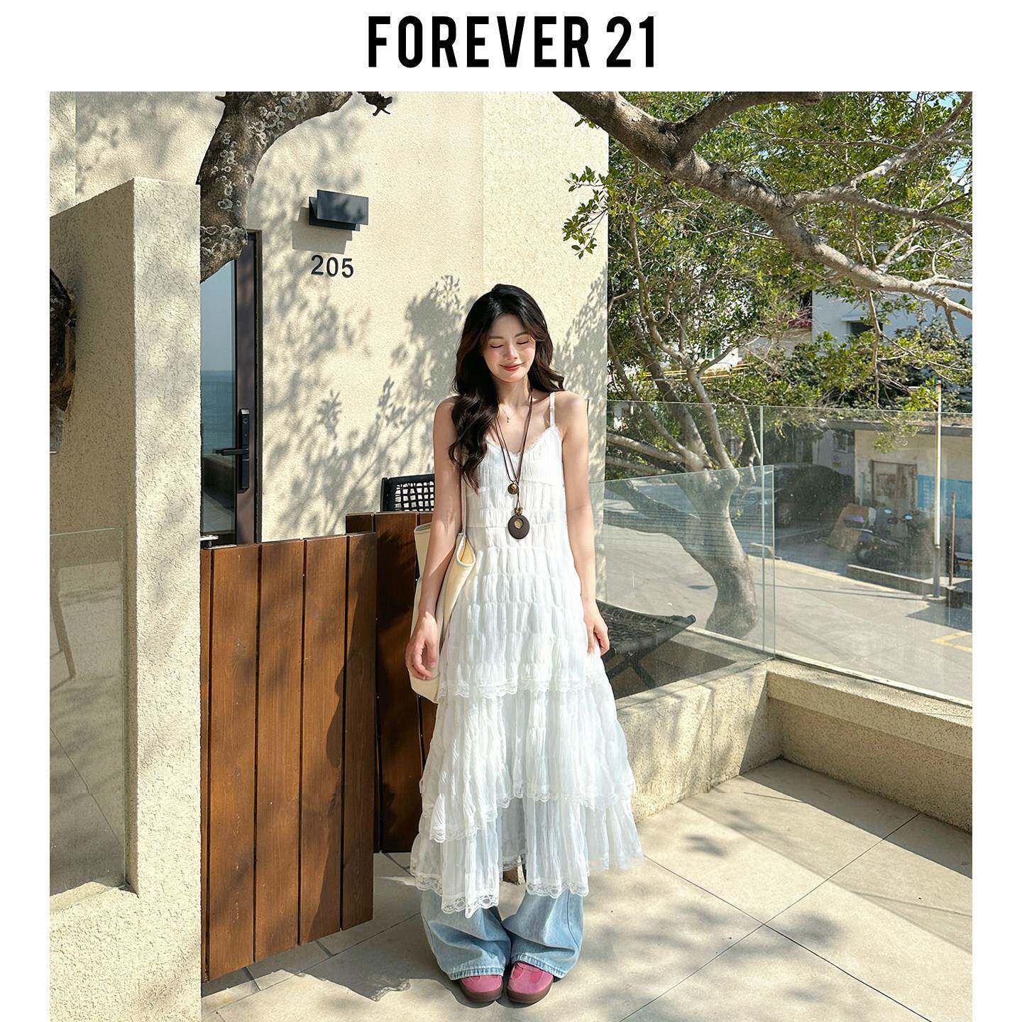 长白糕Forever 21纯欲蕾丝白色吊带连衣裙女春叠穿in