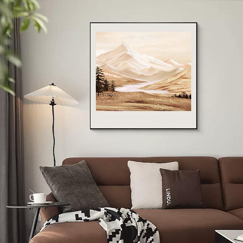 现代客厅正方形装饰画山水肌理感北欧背有靠山沙发背景墙挂画壁画图片