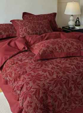 A类复古全提花棉婚件套婚UPR庆婚结嫁喜被红色纯棉高档婚房床四品