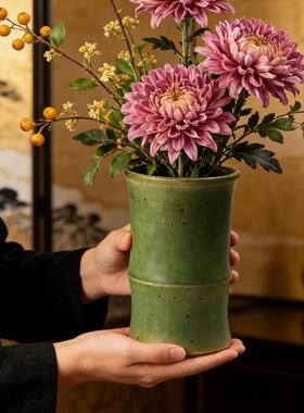 仿竹子陶瓷小花瓶复古宋代美学插花摆件新中式景德镇创意水培花器