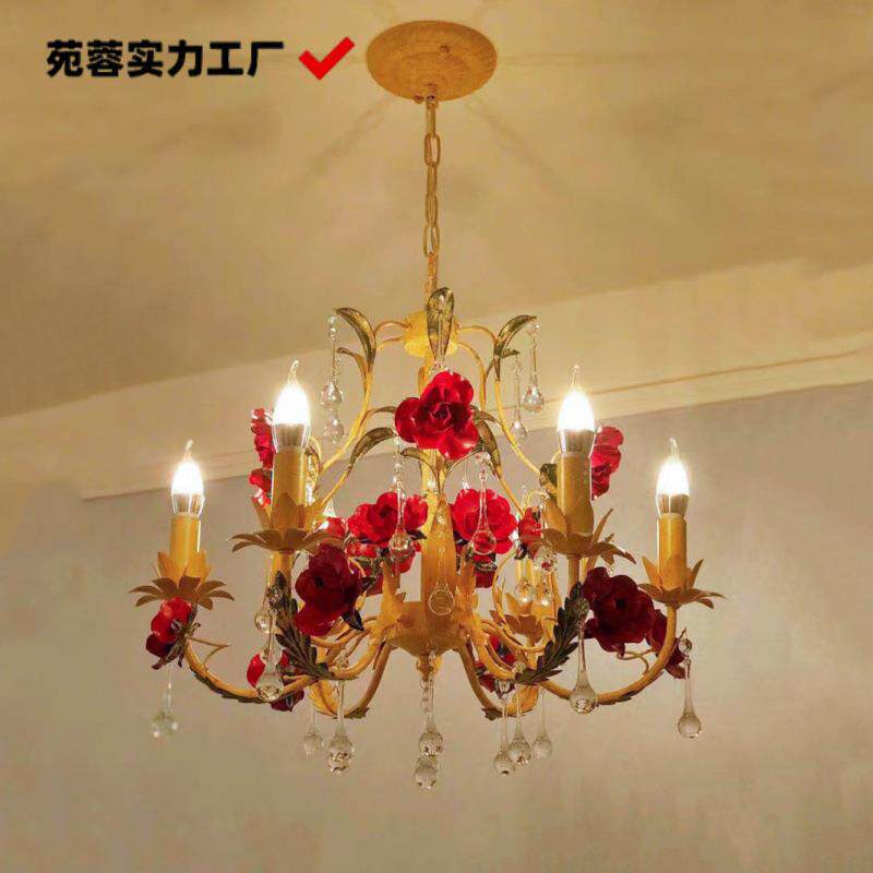 美式田园吊灯铁艺花草灯客厅餐厅卧室复古风欧式水晶玫瑰花蜡烛灯