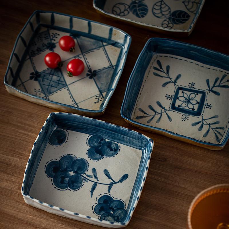 设计师手作青花瓷盘子水饺盘复古陶瓷餐盘鸡翅点心盘方形餐具家用