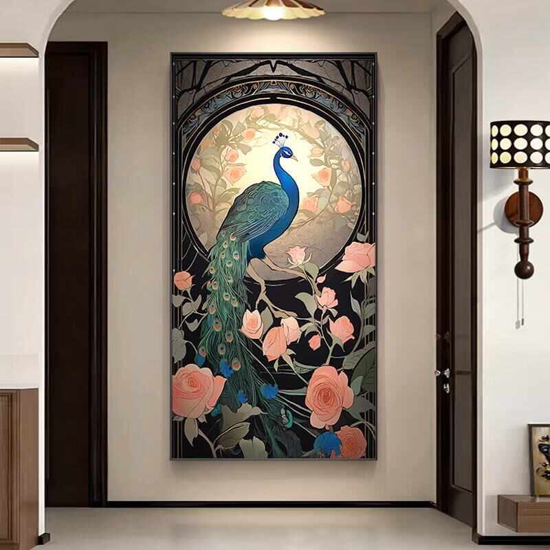 2024新款孔雀图玄关装饰画法式复古入户过道挂画城堡花卉走廊壁画图片