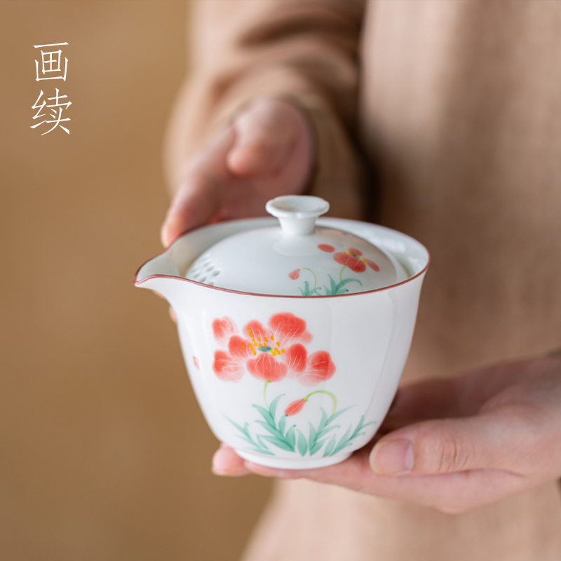 画续白瓷手绘扶桑花手抓壶盖碗单壶家用泡茶杯陶瓷不烫手功夫茶具
