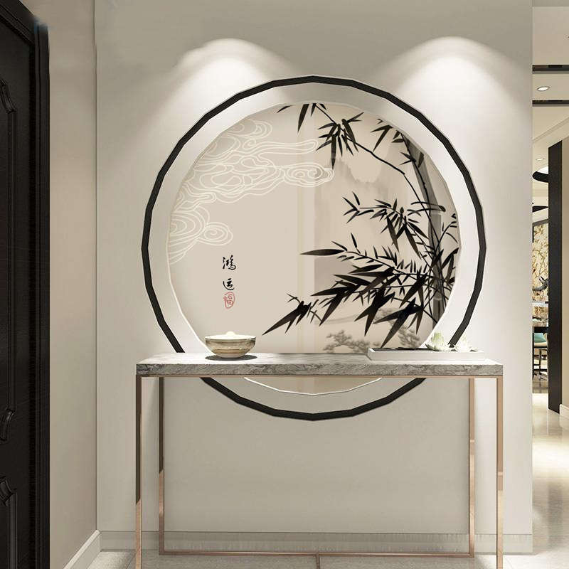 新中式圆形画芯餐厅玄关背景墙装饰画茶室禅意花鸟画竹子墙纸壁画