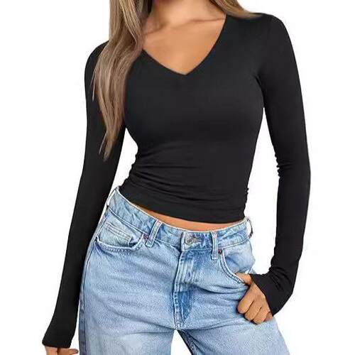 Long Sleeve V Neck Crop Top for Women Soft Workout Shirt
