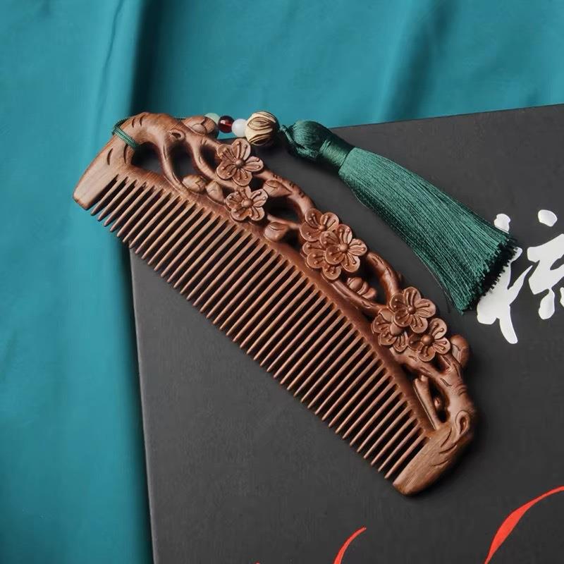 黑金檀雕花木梳紫檀雕刻梳子绿檀刻花木梳礼品礼盒刻字檀木美发梳