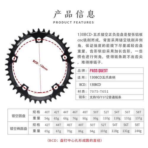 PASS QUEST 130bcd小布五爪公路折叠车正负齿牙盘圆椭圆单盘齿盘