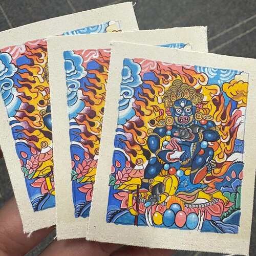 热贡青海唐卡画芯黑财神方形4X5厘米唐卡