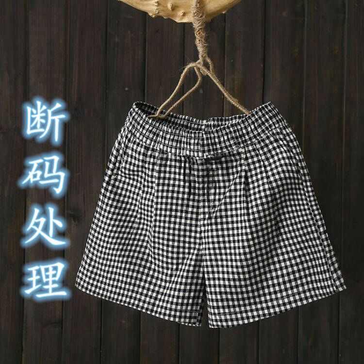居家阔三分女裤妈妈可外穿裤薄格子棉麻腿夏季宽松款休闲短裤裤子