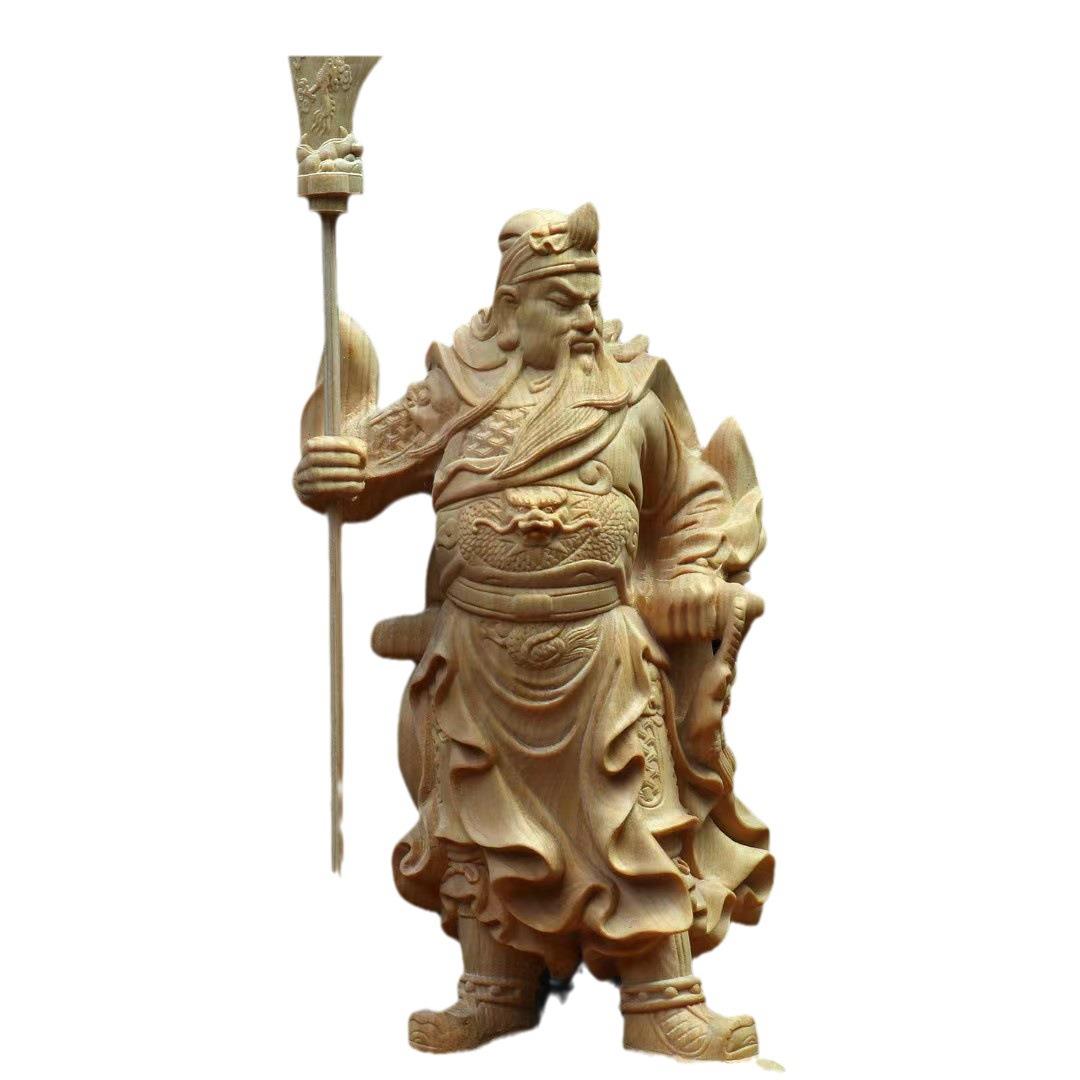 桧木黄杨木雕刻九龙关公摆件五旗关二爷武财神