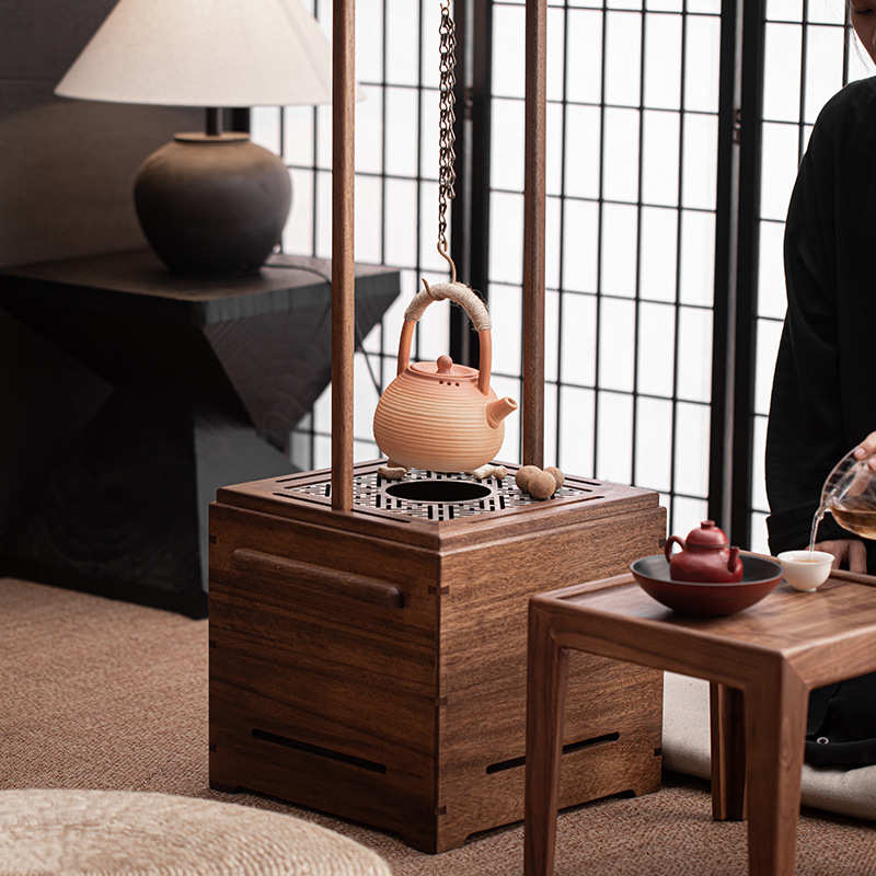 胡桃木围炉茶桌烧炭铁盆火钵桌子自在钩烤炉茶盘一体煮茶炉架