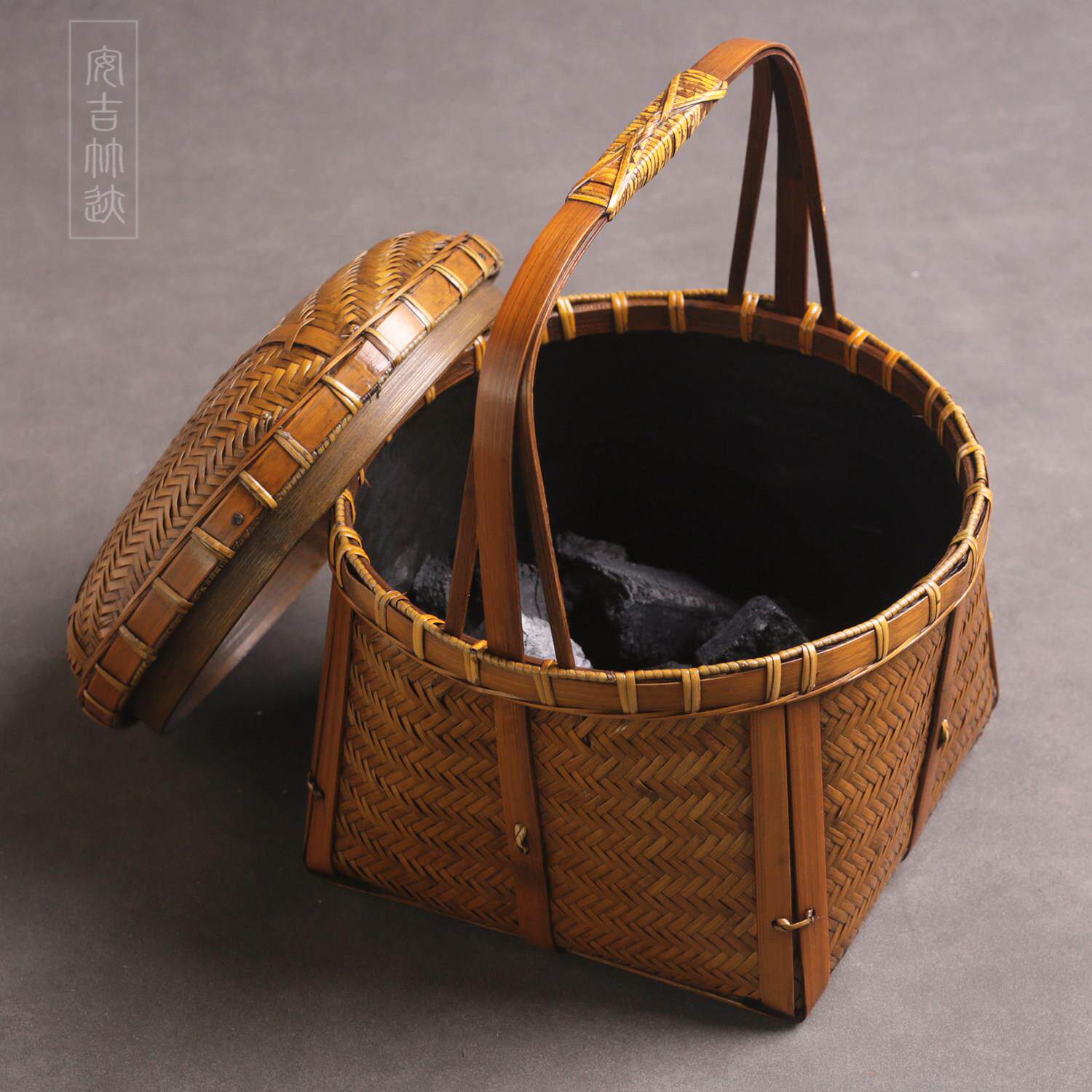 非遗竹编炭钵手工炭筐茶室提拿炭篓不掉渣野外便携带盖茶具收纳篮