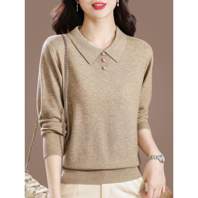 桑蚕丝女长袖T恤春季翻领针织打底衫薄款2025新款妈妈polo衫上衣