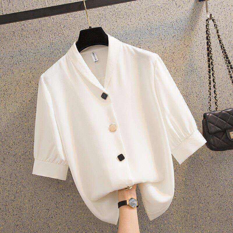 设计感小众白色衬衫女短袖2026年韩版职业装夏季雪纺衬衣中袖上衣