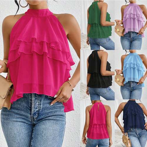 Women Halter Summer Multi Layer Ruffle Sleeveless Crop Shirt