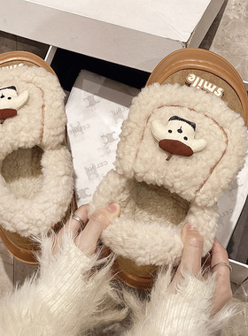 爱帽子小狗棉拖鞋女冬季新款室内居家防滑厚底毛绒包跟棉鞋外穿