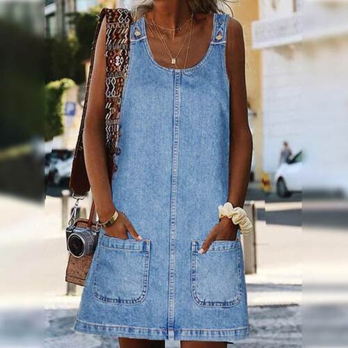 Women'S Sleeveless Casual Denim Dress Crewneck Vintage