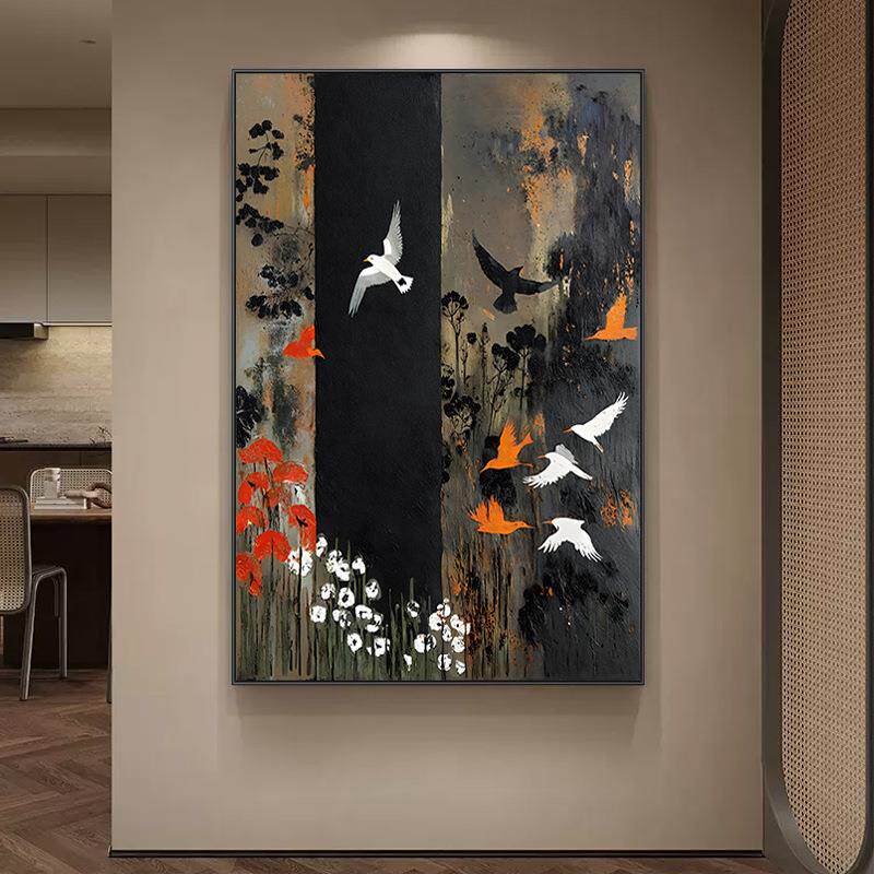 纯手绘大芬村油画花鸟中古风走廊过道挂画水墨风客厅装饰画玄关画