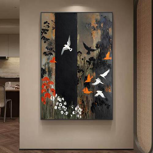 纯手绘大芬村油画花鸟中古风走廊过道挂画水墨风客厅装饰画玄关画