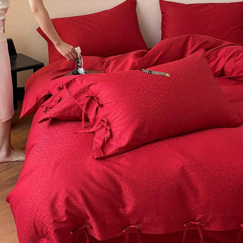 VQF棉类新款100支绒棉提长花婚庆四件套红色结婚陪嫁婚房纯四季床