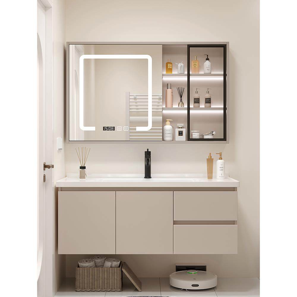 陶瓷一体盆浴室柜组合洗手脸盆柜卫生间洗漱台轻奢现代简约奶油风,家装主材,浴室柜组合,淘宝优惠券,粉丝福利购,淘宝优惠卷